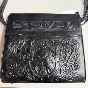 VINTAGE Western Tooled Black Leather Horse Shoulder Bag Purse